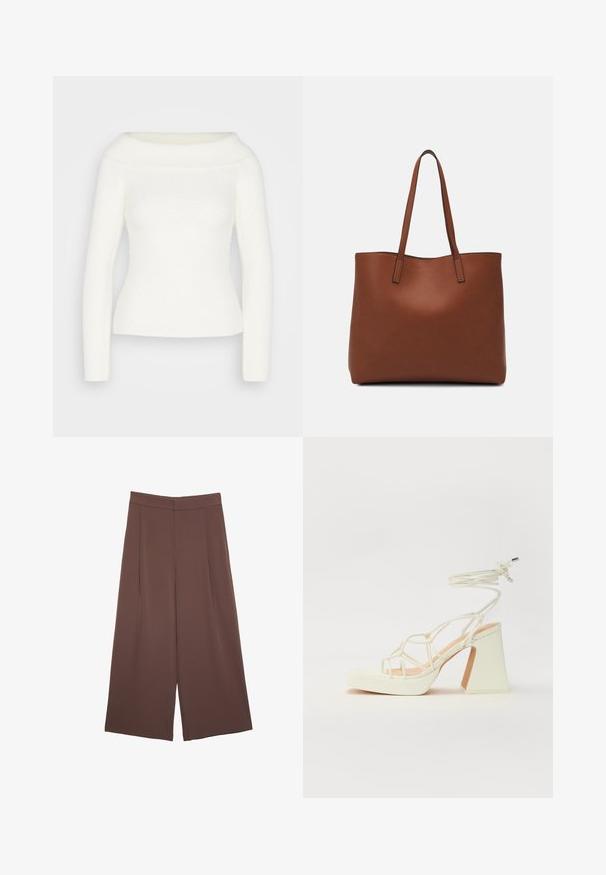 Bijela off-the-shoulder majica sa dugim rukavima, rebrastog tekstura i prilagođenog kroja. Mekani, udobni materijal bez vidljivih uzoraka ili dodataka.; Smeđe hlače širokog kroja s glatkom teksturom, koje imaju visok struk i nabore sprijeda. Tkanina je lagana i slobodno se kreće.; Bijela sandala na visokoj potpetici s debelim petom, s remenom i vezanjem oko gležnja. Glatka tekstura s platformom sprijeda za dodatnu visinu.; Smeđa kožna torba preko ramena s glatkom teksturom, otvorenim vrhom i dvjema naramenicama. Ima minimalne šavove i nema vidljivog hardvera.