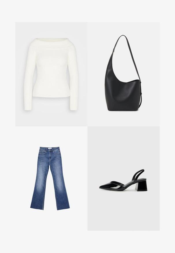 Biała swetrowa bluzka na jedno ramię z długimi rękawami, z prążkowaną teksturą i dopasowanym fasonem. Miękki, przytulny materiał bez widocznych wzorów czy akcentów.; Niebieskie dżinsy o wysokim stanie, z przednimi kieszeniami i delikatnym zwężeniem u dołu, na białym tle.; Czarne lakierowane półbuty na obcasie z wydłużonym noskiem i geometrycznym słupkiem. Charakteryzują się eleganckim, minimalistycznym designem oraz gładką fakturą.; Czarna skórzana torba hobo o gładkiej fakturze, zaokrąglonym kształcie i pojedynczym, regulowanym pasku; posiada szerokie otwarcie na górze.