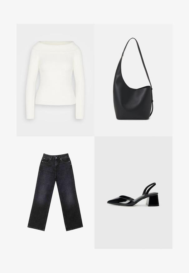 Maglione bianco off-the-shoulder con maniche lunghe, texture a coste e silhouette aderente. Tessuto morbido e accogliente senza motivi o dettagli visibili.; Jeans in denim neri a vita alta con un taglio a gamba larga, design a cinque tasche e cuciture visibili. Il tessuto ha una finitura liscia e leggermente tessurizzata.; Décolleté in vernice nera con punta affusolata e tacco in geometria cubica. Presentano un design elegante e minimalista, con una texture liscia.; Borsa hobo nera in pelle con una superficie liscia, forma curvata e una singola tracolla regolabile; presenta un'ampia apertura nella parte superiore.