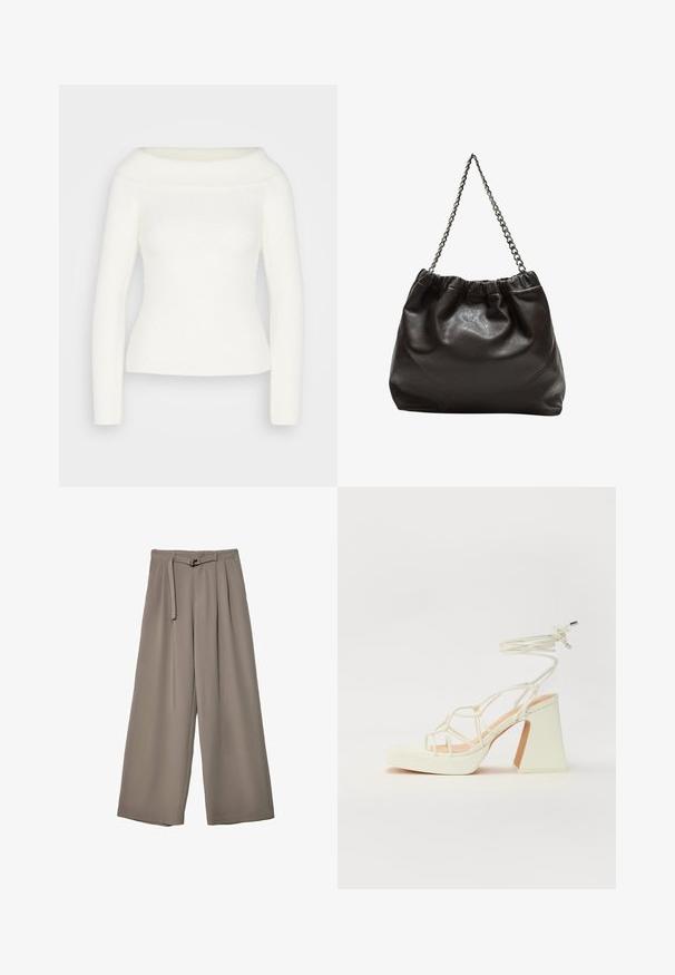 Weißer, schulterfreier Pullover mit langen Ärmeln, geripptem Muster und taillierter Silhouette. Weicher, gemütlicher Stoff ohne sichtbare Muster oder Akzente.; Weite Hose aus einem weichen, gedämpften grauen Stoff, mit einem taillierten Bund und Falten für zusätzliche Design-Details. Glatte Textur, keine Muster.; Weiße High-Heel-Sandale mit einem klobigen Absatz, die über ein Riemchendesign und ein Knöchelband verfügt. Glatte Textur mit einer Plattform vorne für zusätzliche Höhe.; Braune Lederhandtasche mit gerafftem Oberteil und Kettenriemen. Glatte Textur mit glänzendem Finish und subtilen Nahtdetails an den Seiten.