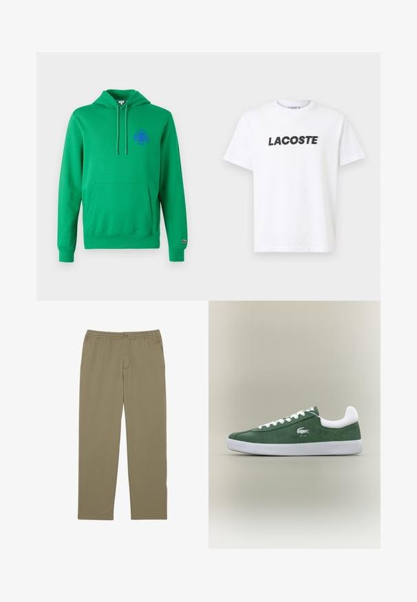 Zielona bluza z kapturem, posiadająca kieszeń kangurką, sznurek w kapturze oraz fioletowe haftowane logo na klatce piersiowej. Żebrowane mankiety i dół. Miękka w dotyku.; Biała bawełniana koszulka z wyraźnym czarnym logo "LACOSTE" na piersi. Krótkie rękawy i okrągły dekolt.; Beżowe spodnie z bawełnianym domieszką, z elastycznym paskiem w talii, prostym kroju nogawek, płaskim przodem i bocznymi kieszeniami. Idealne na codzienne stylizacje.; Niskoprofilowy zielony zamszowy sneaker z białymi sznurowadłami, białą podeszwą, wyściełanym kołnierzem pięty oraz haftowanym logo krokodyla z napisem "EST. 1933".