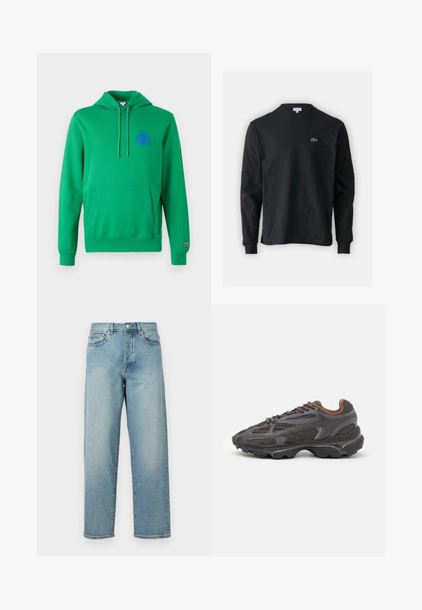 Groene hoodie met een kangoeroezak, een capuchon met trekkoord en een paarse geborduurde logo op de borst. Geribbelde boorden en zoom. Zachte textuur.; Zwarte longsleeve t-shirt van katoen, met een ronde halslijn en een klein groen geborduurd krokodillenlogo op de linkerborst.; Lichtblauwe denim jeans met een losse pasvorm, rechte pijpen, een vijfzakkenontwerp en een knoopsluiting bij de taille. Minimalistische stikdetails.; Lacoste sneakers in donkergrijs van mesh en synthetisch materiaal, met een gestructureerde zool en bruine accenten op de kraag en branding.