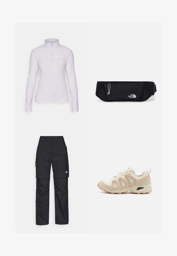 Light purple fleece pullover with a zip-neck collar. Features long sleeves and a white logo on the left chest area. Soft texture.; Black long-sleeve t-shirt made of cotton with a round neck. Features a small white logo on the left chest area. Simple design and fit.; Black nylon zip-off cargo trousers with adjustable cuffs, multiple pockets, and a logo on the right leg. Smooth, lightweight texture.; Beige and cream athletic shoe with textured mesh upper, supportive overlays, and rubber outsole featuring a tread pattern for traction.; The North Face SUNRISER RUN BELT UNISEX - Bum bag - black/white