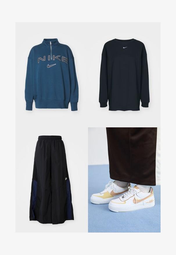 Nike Sportswear LOGO - Ikdienas džemperis - armory navy/photon dust/(black); Melnas garajām piedurknēm T-krekls no kokvilnas ar apaļu kakla izgriezumu. Uz krūtīm ir balts Nike logo. Mīksta tekstūra, vienkāršs dizains.; Melni plata kāju bikses no viegla auduma, ar tumši zilu sānu paneli un elastīgu jostu. Mazs balts logotips apakšā.; Baltas ādas sporta apavi ar zelta akcentiem, ar caurumiem purngalā, plakanām auklām un biezu gumijas zoli ar "AIR" logo sānos.