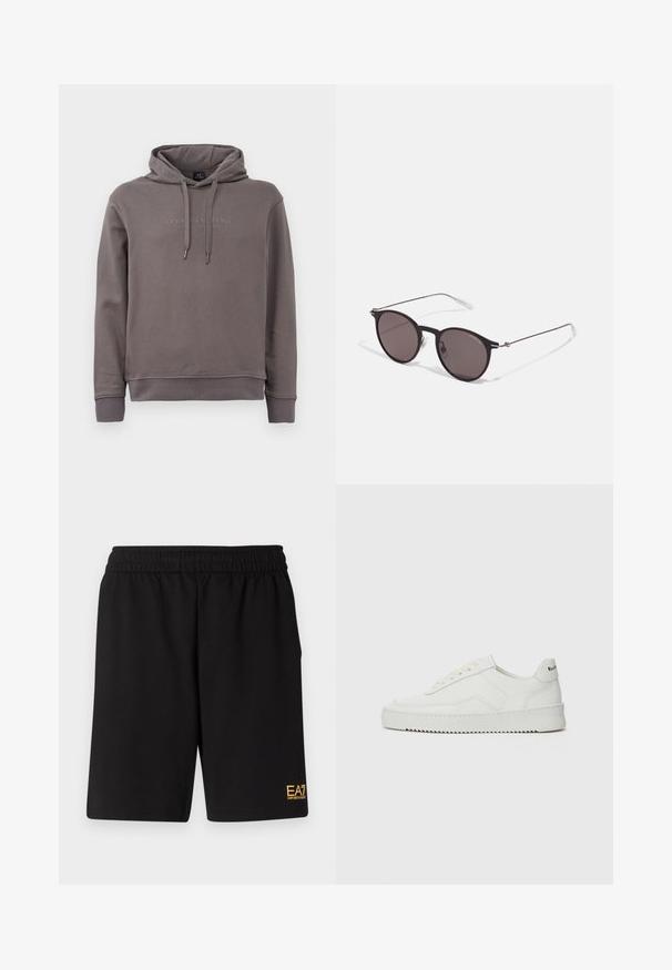 Felpa grigia con tasca a marsupio frontale, corde regolabili e testo del logo ricamato. Realizzata in un morbido tessuto misto cotone.; Pantaloni sportivi neri realizzati in tessuto morbido, con vita elastica e un piccolo logo EA7 giallo sulla parte bassa della gamba sinistra.; Sneaker in pelle bianca con una finitura liscia, punta rotonda, lacci piatti e suola testurizzata. Presenta un logo discreto sul tallone.; Occhiali da sole neri rotondi con lenti scure e sottili bracci in metallo. Include punte trasparenti e accenti argentati alla cerniera. Design minimalista.