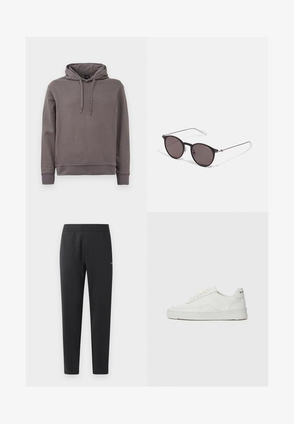 Pilkos spalvos džemperis su priekiu kengūros kišenėje, reguliuojamomis raišteliais ir išsiuvinėtu logotipu. Pagamintas iš minkšto medvilnės mišinio.; Juodos sportinės kelnės, pagamintos iš minkštos medžiagos, su elastinga juosmeniu, tiesiomis kojomis ir nedideliu logotipo akcentu šone.; Balti odiniai sportiniai bateliai su lygia apdaila, apvaliu pirštu, plokščiais raišteliais ir tekstūruotu padu. Pasižymi subtiliu logotipu ant kulno.; Juodos apvalios saulės akinių su tamsiais lęšiais ir plonomis metalinėmis šakomis. Įtraukti skaidrūs šventyklų galai ir sidabriniai akcentai vyrio srityje. Minimalistinis dizainas.