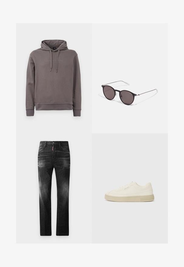 Gray hoodie with a front kangaroo pocket, adjustable drawstrings, and embroidered logo text. Made from soft cotton blend fabric.; Black denim jeans with a straight fit. Features faded areas, minor distressing, classic five-pocket design, and a button closure.; White canvas sneakers with a textured rubber sole, featuring a stitched toe cap and logo accent on the heel. Simple lace-up design.; Black round sunglasses with dark lenses and slim metal arms. Includes clear temple tips and silver accents at the hinge. Minimalist design.