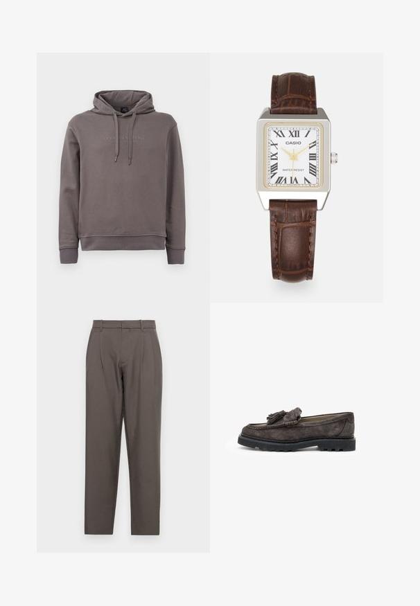 Felpa grigia con tasca a marsupio frontale, corde regolabili e testo del logo ricamato. Realizzata in un morbido tessuto misto cotone.; Jack & Jones JPSTBILL JJDAYTONA WIDE - Pantaloni - pavement; Mocassini scamosciati grigio scuro con un accento a tracolla frontale, suola piatta in gomma e dettagli di cucitura a contrasto lungo il bordo.; Orologio rettangolare Casio con quadrante bianco, dettagli dorati, numeri romani e cinturino in pelle con motivo coccodrillo marrone. Design resistente all'acqua.; Orecchini a cerchio in argento con grandi perle bianche e rotonde. Il design presenta una texture liscia e una chiusura sicura per il fissaggio.
