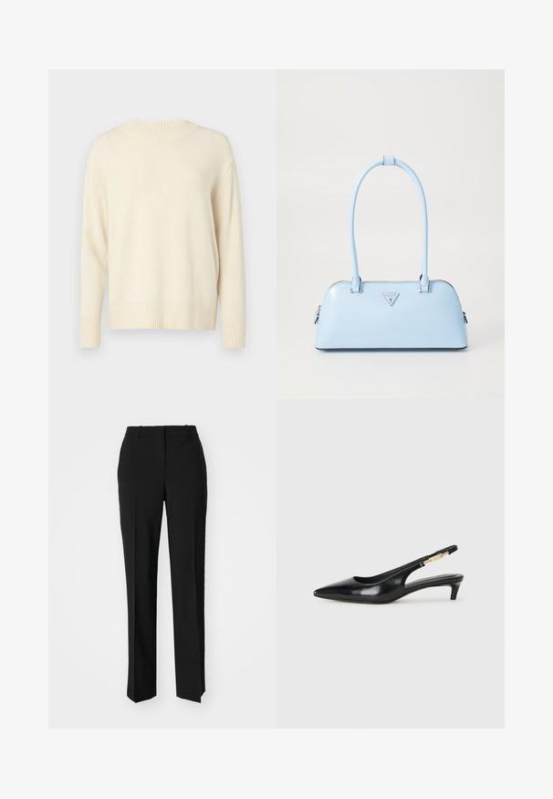 Pull en tricot couleur crème avec un col rond, des manches longues et des poignets et ourlet côtelés. Texture douce et coupe ample. Pas de motifs visibles.; Pantalon noir ajusté avec une coupe droite, présentant une texture lisse et des plis nets sur le devant. Aucune quincaillerie visible.; Talons hauts en cuir noir avec un bout pointu, dotés d'un talon fin et d'un accent en ton or sur la lanière réglable. Texture lisse.; Sac à main bleu clair avec une forme structurée, en cuir lisse, deux poignées et un logo de marque triangulaire à l'avant. Fermeture éclair.