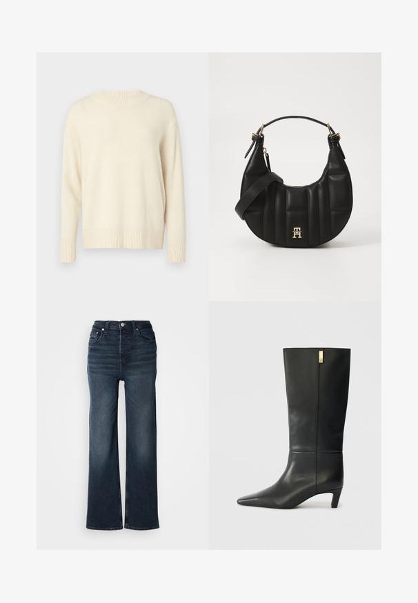 Cream-colored knit sweater with a round neckline, long sleeves, and ribbed cuffs and hem. Soft texture and loose fit. No visible patterns.; Dark blue wide-leg jeans made of denim. High-waisted design with a front button closure and side pockets. Smooth texture and classic cut.; Black leather knee-high boot with a pointed toe and a small heel. Features a sleek design with a gold accent detail. Smooth texture.; Black leather handbag with a curved shape, quilted texture, and gold hardware. Features a detachable shoulder strap and logo detail.