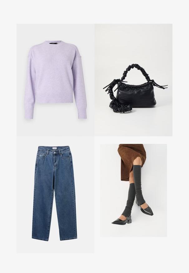 Gai violets džemperis ar apaļu kaklu, ribotām piedurknēm un apakšmali, kā arī nedaudz brīvu piegriezumu. Mīksta tekstūra ar smalkiem akcentiem gar pleciem.; Klasiskie zili džinsi ar taisnu kāju dizainu, pieciem kabatām un pogu aizdari. Iezīmējas ar vidēju mazgāšanu un izturīgu tekstūru.; Melnas laka ādas apavi ar norādītu purngalu, blokveida papēdi un potīšu jostu, saskaņoti ar pelēkām ribotām kāju sildītājām un brūnu zamšādas svārku.; Melnā mākslīgās ādas rokassoma ar krokodila rakstu, savilkta augšdaļa un saburzīta siksna. Izskatās mīksta un kompakta pēc dizaina.
