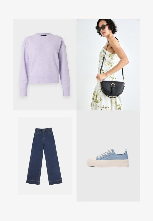 Világoslila pulóver kerek nyakkal, bordás mandzsettákkal és hemmel, valamint enyhén laza fazonnal. Puha textúra, finom részletekkel a vállnál.; Sötétkék denim széles lábú farmernadrág. Öt zsebbel, övhurkokkal és nyers szegéllyel az alján, amelyen látható varrási részletek találhatók.; Világoskék vászon sportcipők, krémszínű gumitippel és talppal, fehér fűzőkkel és egy húzófüllel a sarkán.; Fekete bőrtáska ívelt formával, levehető pánttal és arany színű fémrészekkel. A táskán egy csattal díszített fedél található.