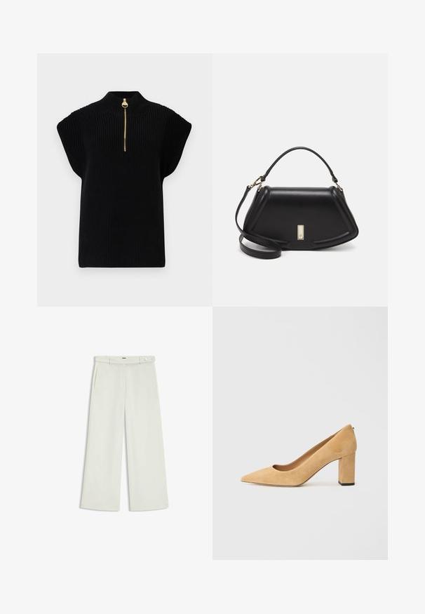 Schwarzes Strickoberteil mit hohem Kragen und kurzen Ärmeln, ausgestattet mit einem goldenen Reißverschlussakzent am Hals. Strukturierter Stoff mit geripptem Design.; Weite Hose aus zartem Creme-Stoff, mit seitlichen Taschen, flatem Bund und einer Knopfverschluss an der Taille. Glatte Textur.; Beige Wildleder-Pumps mit hohem Absatz, spitz zulaufend und mit einem klobigen Blockabsatz. Das Material hat eine weiche Textur mit einer glatten Oberfläche.; Schwarze Lederhandtasche mit einem strukturierten Design, das eine verkürzte Form, einen oberen Griff und goldfarbene Hardware-Details aufweist. Verstellbarer Schulterriemen ist enthalten.