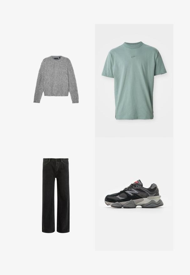 Sivý sveter s dlhým rukávom vyrobený z nadýchaného materiálu s okrúhlym výstrihom a skráteným strihom. Hladká textúra s jemným, svetlým vzhľadom.; Zelené bavlnené tričko s krátkymi rukávmi, rebrovaným okrúhlym výstrihom a vyšitým logom Nike na hrudníku. Hladká textúra a voľný strih.; Čierne džínsy s širokými nohavicami a vysokým pásom, so classic piatimi vreckami a jemným vyblednutím pre textúrovaný vzhľad.; Čierne a šedé tenisky s kombináciou semišu a sieťoviny, hrubou podrážkou, výrazným logom a červeným akcentom na jazyku.