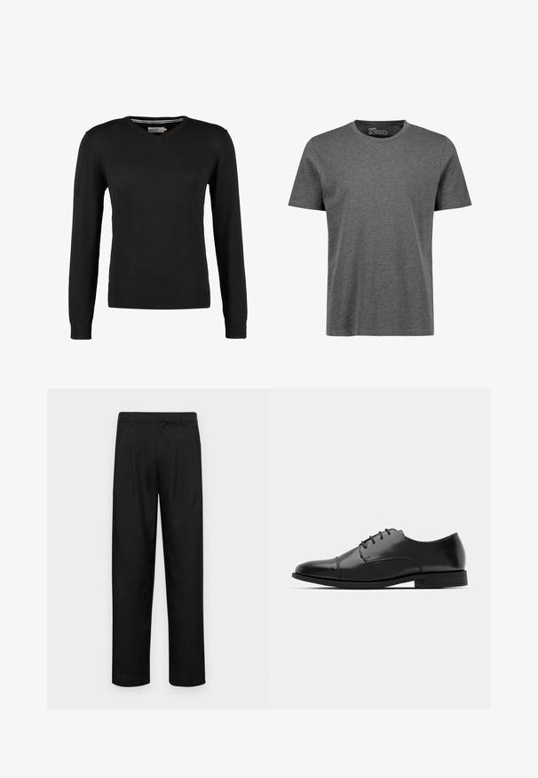 Črna, prilegajoča se pulover s V-izrezom in dolgimi rokavi. Narejen iz mehkega pletenega materiala, z rebrastimi manšetami in pasom. Minimalističen dizajn.; Siva, redna majica s kratkimi rokavi, izdelana iz mehkega blaga. Ima okroglo izrez in ramenske šive z minimalnimi podrobnostmi šivanja.; Črne hlače iz gladkega materiala, s krojem ravne noge, dvema sprednjima pregiboma in standardnim pasom z zankami za pas.; Črne usnjene moške čevlje z zaobljenim nosom, s sistemom vezalk, diskretnimi šivi in nizkih petah. Gladka tekstura s sijočim zaključkom.