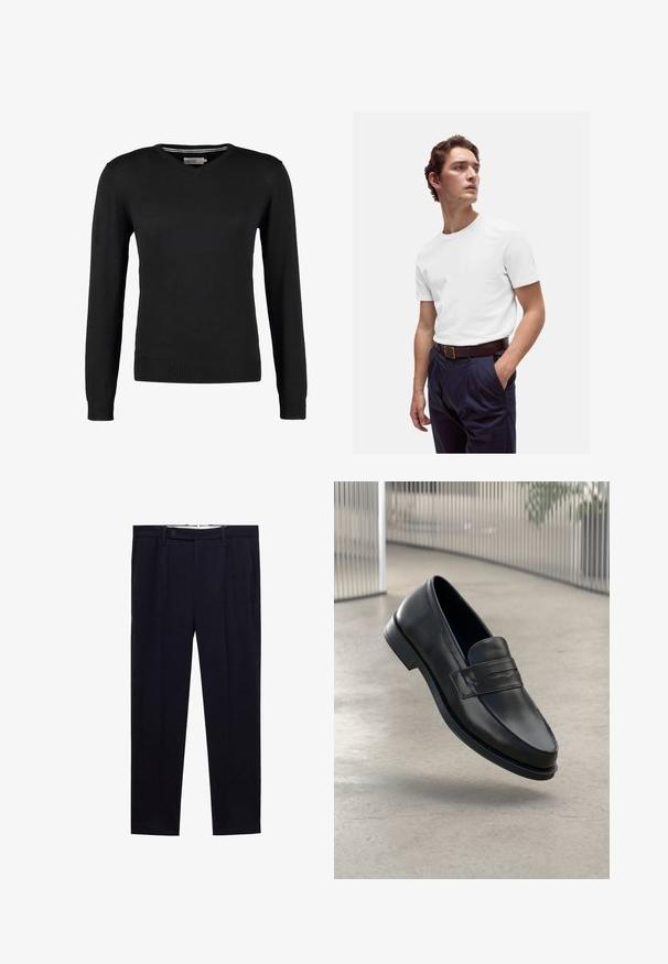 Zwarte, aansluitende V-hals trui met lange mouwen. Gemaakt van zachte gebreide stof, met geribbelde mouwen en zoom. Minimalistisch ontwerp.; Witte katoenen t-shirt met ronde hals, gedragen met marineblauwe geplooide broek en een bruine leren riem met een gouden gesp.; Marineblauwe broek met een straight leg ontwerp, dubbele plooien en een knoopsluiting in de taille. Gemaakt van een gladde stof zonder patronen.; Zwarte leren loafer met een gladde textuur, spitse neus en een decoratieve band over de wreef. Lichtgewicht zool, minimalistisch ontwerp.