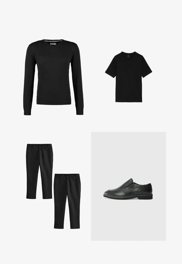 Sort, tætsiddende V-hals sweater med lange ærmer. Fremstillet af blødt strikstof, med ribbede manchetter og talje. Minimalistisk design.; Sort t-shirt lavet af bomuld, med en klassisk rund hals, korte ærmer og en lige kant. Ingen mønstre eller grafik.; Sorte skræddersyede bukser med en glat overflade, der har et design med lige ben og mellemhøj talje. To par vist, et af dem er cropped.; Sorte læder slip-on sko med en glat overdel, syede detaljer, rund tå og en lav gummihæl. Sålen har minimal profil.