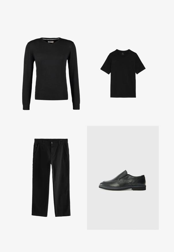 Zwarte, aansluitende V-hals trui met lange mouwen. Gemaakt van zachte gebreide stof, met geribbelde mouwen en zoom. Minimalistisch ontwerp.; Zwarte t-shirt van katoen, voorzien van een klassieke ronde hals, korte mouwen en een rechte zoom. Geen patronen of afbeeldingen aanwezig.; Zwarte katoenen broek met een rechte pijpdesign, voorzien van een knoopsluiting aan de voorkant, schuine zijzakken en subtiele stikdetails.; Zwarte leren instapper met een soepele bovenkant, gestikte accenten, ronde neus en een lage rubberen hak. De zool heeft minimale profiel.