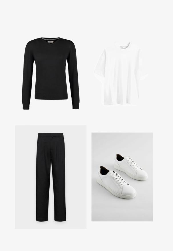 Črna, prilegajoča se pulover s V-izrezom in dolgimi rokavi. Narejen iz mehkega pletenega materiala, z rebrastimi manšetami in pasom. Minimalističen dizajn.; Bela bombažna majica s kratkimi rokavi, okrogel izrez, sproščen kroj in gladka tekstura. Brez vidnih vzorcev ali dodatkov.; Črne hlače iz gladkega materiala, s krojem ravne noge, dvema sprednjima pregiboma in standardnim pasom z zankami za pas.; Bele teniske izdelane iz gladkega usnja, z zaobljenim nosom, vezalkami spredaj in minimalističnim dizajnom z rjavimi detajli na peti.