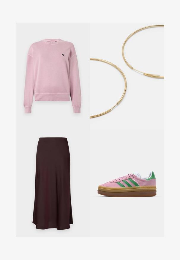 Felpa rosa chiaro realizzata in tessuto morbido, con collo rotondo, maniche lunghe e una piccola applicazione del logo sul lato sinistro del petto.; Gonna midi in satin bordeaux con una texture liscia, una vestibilità dritta e un orlo leggermente svasato. Nessun motivo visibile o dettagli metallici.; Sneakers in suede rosa con strisce verdi, dettagli bianchi e suola in gomma marrone. Presentano un tessuto testurizzato e un logo sulla parte laterale.; Orecchini a cerchio color oro, sottili e rotondi, con una finitura metallica liscia e senza decorazioni o motivi.