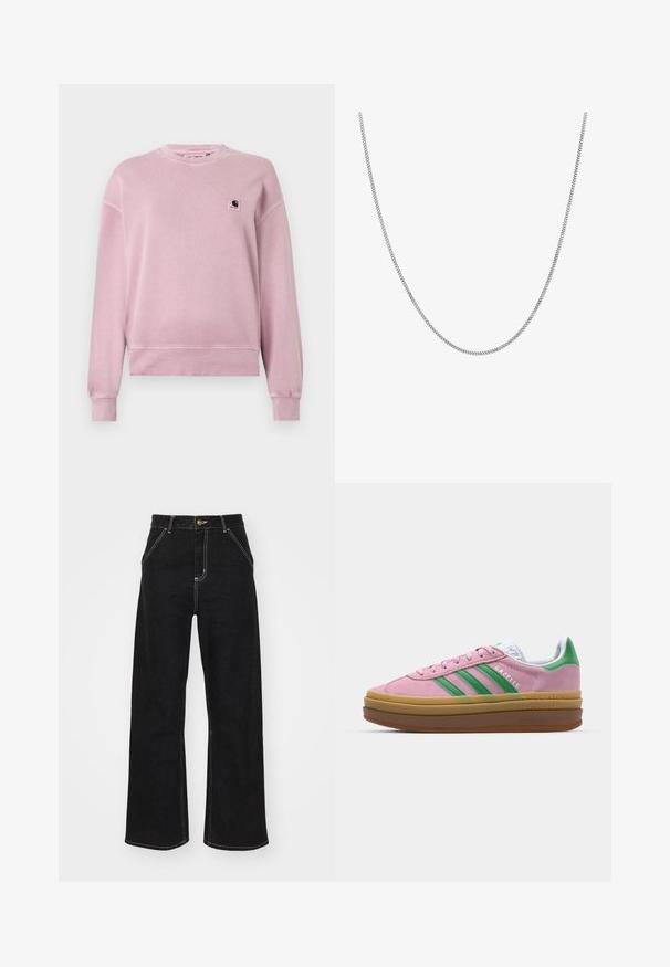 Sweatshirt rosa claro feito de tecido macio, com um decote redondo, mangas compridas e um pequeno logótipo no lado esquerdo do peito.; T-shirt branca de algodão com um corte descontraído, mangas curtas e um pequeno logótipo bordado na área do peito esquerdo.; Calças de ganga largas pretas, com costuras brancas em contraste e fecho frontal com botão, apresentando dois bolsos frontais inclinados.; Ténis de camurça rosa com riscas verdes, detalhes brancos e sola de borracha castanha. Apresenta tecido texturizado e detalhes de logótipo na lateral.; Colar de corrente de prata com um design de elos planos, redondos e suaves. Apresenta um acabamento brilhante e mede aproximadamente 20 polegadas de comprimento.