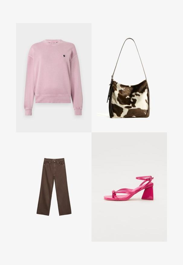 Jasnoróżowa bluza wykonana z miękkiego materiału, z okrągłym dekoltem, długimi rękawami i małą łatką z logo na lewej części klatki piersiowej.; Szerokie brązowe dżinsy wykonane z denimu, z wysokim stanem, przednimi kieszeniami i klasycznym zapięciem na guzik. Gładka faktura z subtelnym przeszyciem.; Różowe lakierowane sandały na obcasie z kwadratowym noskiem, wąskimi paskami i geometrycznym słupkiem. Zawiera detal w postaci klamry na pasku.; Torebka na ramię z brązowej i kremowej skóry bydlęcej, z gładkim skórzanym paskiem, zamknięciem na zamek oraz miękką, teksturowaną powierzchnią o naturalnym wzorze.