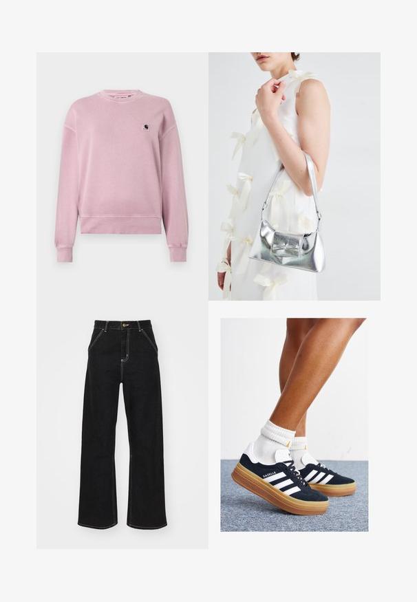 Gaiši rozā sporta krekls, izgatavots no mīkstas audumu, ar apaļu kakla izgriezumu, garām piedurknēm un nelielu logo uzšuvumu kreisajā krūšu rajonā.; Melnas platajās biksēs, kas izgatavotas no denima, ar kontrastējošas baltas šuves un priekšējo pogu aizdari, kā arī divām slīpajām priekšējām kabatām.; Melnas zamšādas sporta kurpes ar baltām svītrām un akcentiem, apaļa purngala daļa, gumijas zole, kopā ar baltām ribotām sporta zeķēm.; Sudraba metāla rokassoma ar struktūru formu, aprīkota ar augšējo rokturi un priekšpusē esošu loku. Gluda tekstūra, atstarojoša virsma.