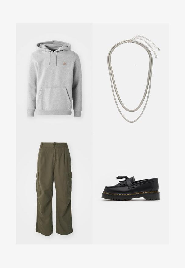 Sweatshirt cinza com capuz em material de fleece, apresentando um bolso frontal, punhos canelados e um pequeno logo no peito.; Calças cargo em verde oliva, feitas de algodão, com um design de perna larga, pregas e bolsos laterais para utilidade.; Mocassim de couro preto com um detalhe de franjas, apresentando uma sola preta robusta e costura amarela ao longo da borda. Acabamento texturizado.; Colar de metal prateado em três camadas, com correntes flexíveis e elegantes que possuem um leve brilho, fechado com um fecho de lagosta e corrente ajustável.