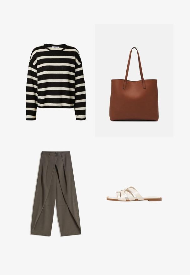 Gestreifter Strickpullover in Schwarz und Weiß mit Rundhalsausschnitt, cropped Design und langen Ärmeln. Verfügt über einen strukturierten Stoff und gerippte Säume.; Weite Hosen aus einem strukturierten, dunkelgrauen Stoff. Mit einer vorderen Faltenlegung, Knopfverschluss und praktischen Seitentaschen ausgestattet.; Flache Sandalen mit einer honigfarbenen Gummisohle, gestaltet mit drei überlappenden weißen Lederriemen und einem kleinen Schleifendetail in der Mitte.; Braune Leder-Tote mit glatter Textur, offenem Oberteil und zwei Schulterriemen. Verfügt über minimale Nähte und keine sichtbaren Beschläge.