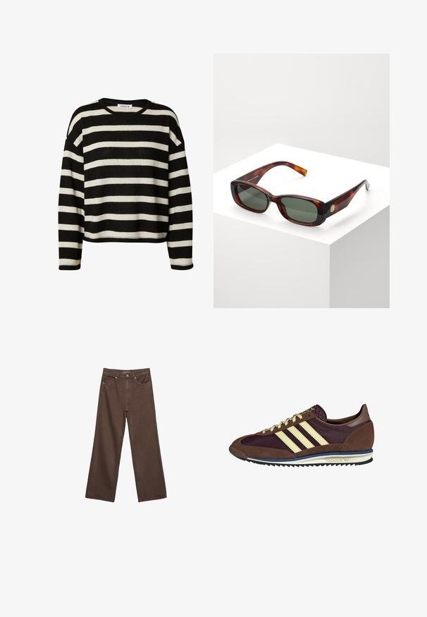 Zwart-witte gestreepte gebreide trui met een ronde hals, cropped ontwerp en lange mouwen. Heeft een textuurstof en ribbelige randen.; Brede bruine spijkerbroek van denim, met een hoge taille, voorzakken en een klassieke knoopsluiting. Soepele textuur met subtiele stiksels.; Bruine en bordeauxkleurige sneaker van suede en mesh materiaal, met drie crèmekleurige strepen, een gemêleerd stof op de tong en een rubberen zool.;  Schildpad rechthoekige zonnebril met groene lenzen. Brede montuur, gladde afwerking, gouden accent aan de zijkant en slanke veren.