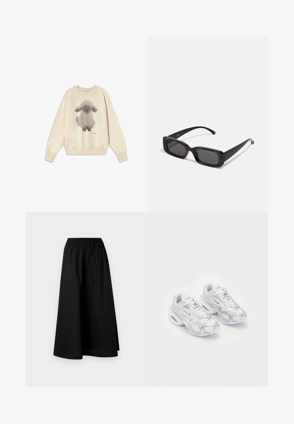 Kremowy sweatshirt z szarym, akwarelowym wzorem królika na środku, z prążkowanym dekoltem i mankietami oraz luźnym krojem. Wykonany z miękkiej bawełny.; Czarna spódnica do kolan wykonana z lekkiego materiału, z elastycznym pasem i luźnym krojem w kształcie litery A. Nie ma widocznych wzorów.; Białe buty sportowe z siateczkową górą i srebrnymi akcentami, o unikalnym kształcie i poduszce powietrznej w pięcie. Wiązany design z logo.; Czarne prostokątne okulary przeciwsłoneczne z ciemnymi szkłami, błyszczącym wykończeniem, szerokimi zausznikami i masywną konstrukcją. Wygrawerowana nazwa marki na jednym z zauszników.; Niebieska pikowana torba na ramię z denimu, z złotym łańcuchem i wyraźnym złotym logo na przodzie. Kompaktowy, prostokątny kształt.