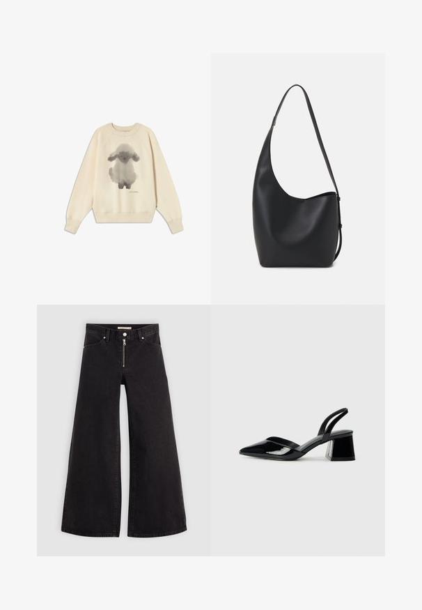 Cream sweatshirt with a gray watercolor bunny design in the center, ribbed neckline and cuffs, and a relaxed fit. Soft cotton material.; Wide-leg jeans in black denim with a zippered front, five-pocket design, and subtle stitching details. Smooth texture and casual style.; Black patent leather slingback heels with a pointed toe and a geometric block heel. Features a sleek, minimal design and smooth texture.; Black leather hobo bag with a smooth texture, curved shape, and single adjustable strap; features a wide opening at the top.