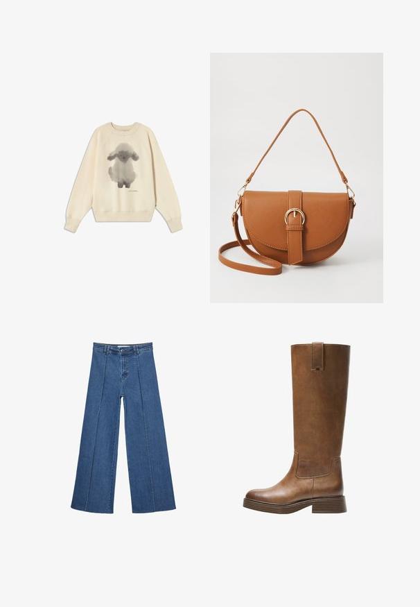 Cream sweatshirt with a gray watercolor bunny design in the center, ribbed neckline and cuffs, and a relaxed fit. Soft cotton material.; Wide-leg denim jeans in medium blue, featuring a high waist, button closure, and contrasting vertical seam details along the front.; Brown leather knee-high boot with a rounded toe, textured surface, and a stacked low heel. Features a side panel and pull tab at the top.; Brown leather crossbody bag with a curved shape, gold hardware, and a buckle accent. Features a detachable shoulder strap.
