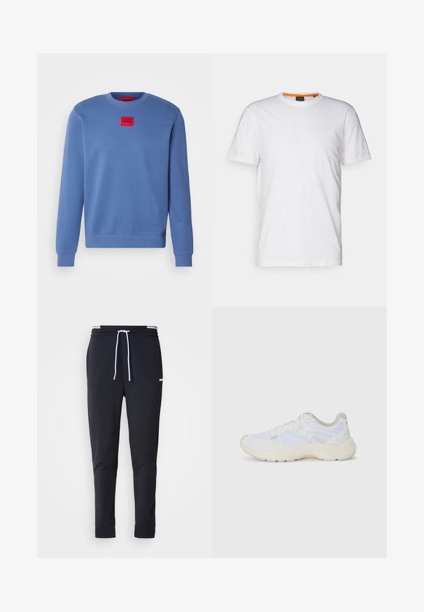Blauwe sweatshirt met een ronde hals, ribgebreide mouwen en zoom. Gecentreerd rood vierkant embleem met het label "HUGO". Glad stoftextuur.; Witte katoenen T-shirt met ronde hals, korte mouwen en een subtiel reliëflogo op de borst. Het binnenlabel heeft een oranje accent.; Zwarte slim-fit joggerbroek met witte trekkoord, elastische tailleband met witte strepen en klein wit logo op het bovenbeen.; Witte sportief schoenen van mesh en suede, met een gestructureerde tussenzool, gestructureerde accenten en het "HUGO" logo aan de zijkant.