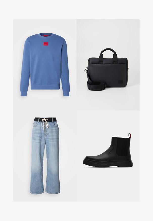 Sudadera azul con cuello redondo, puños y dobladillo acanalados. Parche cuadrado rojo centrado con la etiqueta "HUGO". Textura de tela suave.; Jeans de pierna ancha de color azul claro con una cinturilla elástica negra, que cuentan con un cierre de cordón y un diseño clásico de cinco bolsillos.; Botín negro con un acabado liso, paneles laterales elásticos y una lengüeta de tirón roja contrastante, que presenta una suela de goma gruesa y punta redondeada.; Bolsa para portátil negra texturizada con doble asa superior, correa desmontable, cierre de cremallera y un pequeño parche con el logo para la marca.