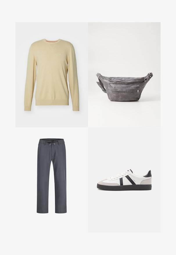 Beige kudumist särk pika varrukaga, ümmargune kael, peene tekstuur ja väike logo rinnal. Rõhutatud punase sisekaela detailiga.; Hallid hallid elastse vööga püksid, millel on nööri tõmbamine. Sirge jala disain, valmistatud siledast kangast, millel on minimaalne õmblus ja nähtavat riistvara pole.; Valged tossud mustade ja hallide aktsentidega, tekstureeritud halli varbakattega, musta kummitald ja lamedad valged paelad. Puhtad jooned, minimalistlik stiil.; Hallikate nahast vöö kott, millel on ümar kuju, kaks tõmblukuga taskut ning reguleeritav rihm. Varustatud metallist detailide aktsentidega.