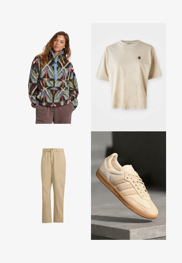 Billabong SWITCHBACK - Fleecetrøjer - black; Beige bomulds t-shirt med afslappet pasform, rund hals, korte ærmer og et lille firkantet logo patch på venstre brystområde.; Khaki bomuldsbukser med lige snit, der har en frontknaplukning, to sidelommer og minimal branding foran.; Lys beige ruskinds sneakers med gummisål, tre diagonale striber og en tekstureret tætsko. Har logo på tungen og siden.