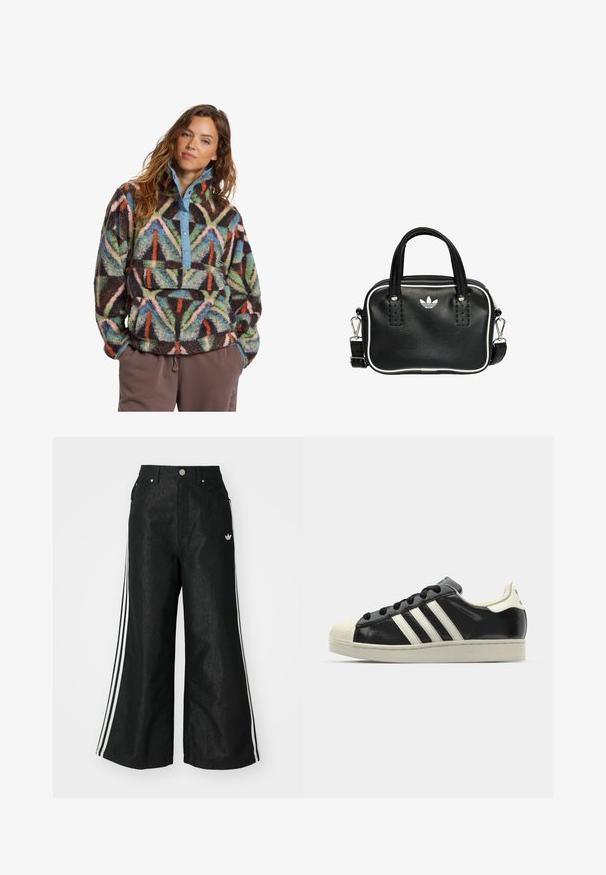 Billabong SWITCHBACK - Fleecepullover - black; Schwarze, weit geschnittene Jeans mit drei weißen Streifen an jeder Seite und einem kleinen weißen Logo. Mit vorderen Taschen und einem Knopfverschluss.; Schwarze Ledersneaker mit weißen Streifen, Gummikappe, schwarzen Schnürsenkeln und einer cremefarbenen Sohle. Glatte Textur mit glänzender Oberfläche.; Schwarze Lederhandtasche mit zwei kurzen Griffen, silbernem Zubehör, weißen Akzenten und einem weißen Logo. Verfügt über eine strukturierte Oberfläche und ein kompaktes Design.