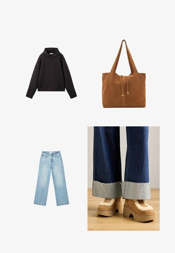 Black cropped hoodie made of soft cotton blend. Features a front pocket, oversized fit, and wide cuffs. No visible brand markings.; Light blue denim wide-leg jeans with a high waist, featuring a faded wash and small, scattered distressed details throughout.; Brown suede platform boots with cream fur lining, paired with wide-leg denim pants featuring frayed hems and a lighter denim cuff.; Brown suede tote bag with two long straps, drawstring closure, and minimalistic design. Smooth texture and no visible hardware accents.