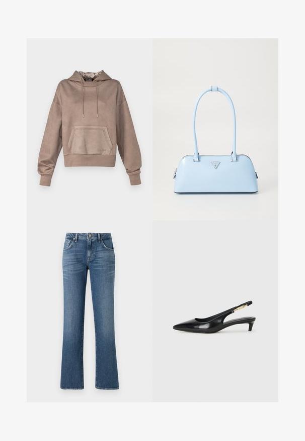 Brauner, weicher Kapuzenpullover aus Stoff mit einer vorderen Tasche, Kordelzugkapuze und gerippten Bündchen. Merkmale ein geprägtes Logo auf der Vorderseite.; Blaue Denim-Jeans mit ausgestelltem Bein-Design, Fünf-Taschen-Stil und einem Frontknopfverschluss, ausgestattet mit einem mittelhohen Taillenbund und einem verwaschenen Finish.; Schwarze Leder-Slingback-Pumps mit spitzem Schuhblatt, ausgestattet mit einem schlanken Absatz und einem goldfarbigen Akzent am verstellbaren Riemen. Glatte Textur.; Helle blaue Handtasche mit strukturierter Form, glattem Leder, zwei Griffen und einem dreieckigen Markenlogo auf der Vorderseite. Mit Reißverschluss.