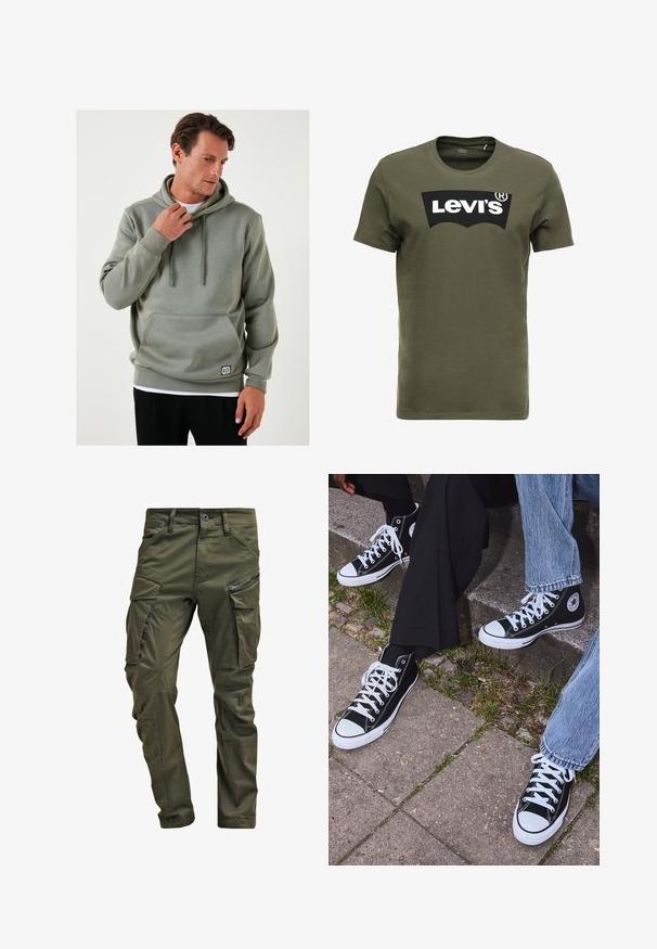 Hoodie verde chiaro con tasca a marsupio, coulisse, polsini a costine e una piccola toppa logo vicino all'orlo. Texture liscia, design informale.; T-shirt di cotone verde oliva con un grande logo nero di Levi's sul davanti. Collo girocollo classico e maniche corte, consistenza liscia.; Pantaloni cargo verde oliva realizzati in cotone robusto. Presentano numerose tasche, una tasca laterale con zip e gambe affusolate con una finitura leggermente strutturata.; Sneakers alti neri in tela con suole e lacci bianchi, dotati di un logo circolare di lato e abbinati a pantaloni in denim e neri.