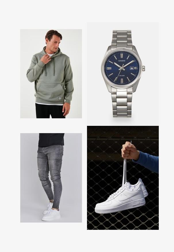 Gai zaļš kapucis ar kenguru kabatu, auklām, ribotām piedurknēm un nelielu logotipa uzšuvumu tuvumā apakšmalai. Gluda tekstūra, ikdienišķs dizains.; Tievās džinsās bālganā pelēkā denimā, kas izceļas ar nolietotām detaļām pie ceļgaliem, apvienotas ar baltām kedām. Gluda tekstūra, šaurs piegriezums.; Baltas ādas sporta apavi ar perforācijām, apaļu purngali, plakanu zoli un biezām šņorēm, ar redzamu swoosh logo un vārdu "AIR" uz papēža.; Sudraba nerūsējošā tērauda rokas pulkstenis ar tumši zilu ciparnīcu, metalizētiem stundu rādītājiem un datuma logu pie pulksten 3. Ūdensizturīgs līdz 50 metriem.