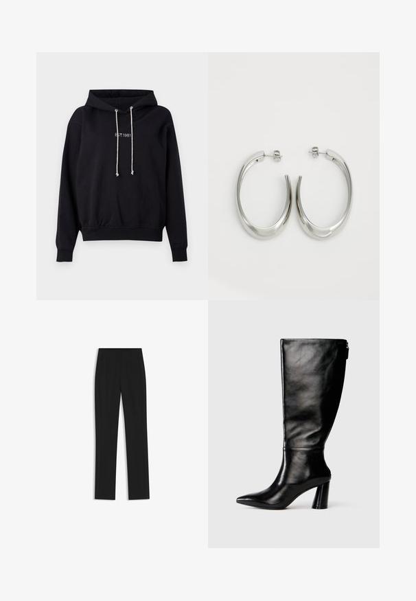 Black hoodie made of cotton, featuring a drawstring hood, ribbed cuffs, and hem. It displays a white embroidered text “EST. 1981” on the chest.; Black tailored trousers with a straight-leg design, featuring front pockets and a smooth, textured fabric. Neat, minimal detailing.; Knee-high black leather boot with a pointed toe, smooth texture, and a chunky heel. Features a zipper detail at the back.; Silver hoop earrings with a smooth, curved design. Features a shiny metallic finish and stud closure. No visible patterns or accents.