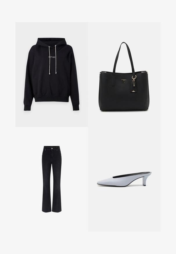 Schwarzer Hoodie aus Baumwolle mit einer Kapuze mit Kordelzug, gerippten Bündchen und Saum. Auf der Brust befindet sich ein weißer, gestickter Schriftzug "EST. 1981".; Schwarze Jeans aus Denim im Schlagstil mit hoher Taille, fünf Taschen-Design und metallischen Knopfakzenten an den Seiten. Glatte Textur und klassischer Schnitt.; Helles blaues Lackleder-Mule mit spitzem Zehenbereich, niedrigem transparentem Absatz und einem eleganten Design, das einen Ausschnitt im Vorderblatt aufweist.; Schwarze Tragetasche aus strukturiertem synthetischem Material, mit zwei Griffen, einem goldenen Logo-Schild und einem kleinen Anhänger mit Akzentdetail.