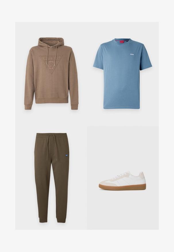 Brūna kapucēta džemperis ar priekšējo reljefa GUESS logotipu iekšā trinī un regulējamiem aukliņām kapuces. ; Zils īss piedurkņu T-krekls ar apaļu kakla izgriezumu, kreisajā krūtīs neliels balts "HUGO" logotips un sarkans iekšējās apkakles etiķete.; Tumši olīvu zaļas sporta bikses ar elastīgu jostu, auklu, sānu kabatām un ribotiem aprocēm. Mazs zils logo uzšuvums uz kreisās puses.; Baltas un bēšs sporta apavi ar zamša un ādas elementiem. Aprīkoti ar gumijas zoli, šņorēšanas dizainu un minimālistiskām sānu svītrām.