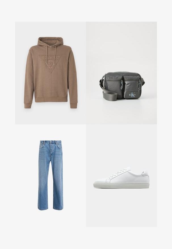 Brown hooded sweatshirt with front embossed GUESS logo inside a triangle and adjustable drawstrings on the hood.; Light blue denim jeans with a straight-leg design, five pockets, button closure, minimal fading, and contrasting stitching details.; White sneaker with a smooth leather upper and a low profile. Features a rounded toe, six eyelets, and a textured rubber sole.; Gray nylon crossbody bag with two zippered front pockets, adjustable strap, and logo accent. Smooth texture with a modern design.
