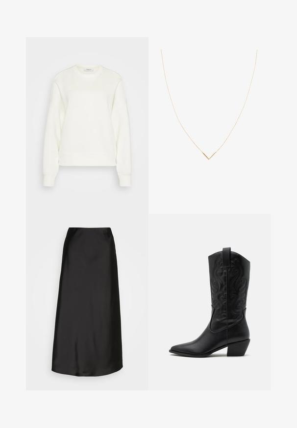 Mikina s kulatým výstřihem v off-white, vyrobená z měkké směsi bavlny. Má dlouhé rukávy, volný střih a žebrovaný lem a manžety.; Černý top bez ramínek s dlouhými rukávy, který má na výstřihu texturovaný květinový lem z černého sametu.; Černá saténová midi sukně s hladkým povrchem, áčkovým střihem a jemným leskem. Nabízí elegantní, jednoduchý design bez zdobení.; Černá kožená kovbojská bota s špičatou špičkou, vytlačenými spirálovými vzory a středně vysokým podpatkem. Obsahuje poutko pro snadné obouvání.; Zlatý náhrdelník s tenkým řetízkem a přívěskem ve tvaru V. Elegantní design s hladkým, leštěným povrchem a minimálním zdobením.