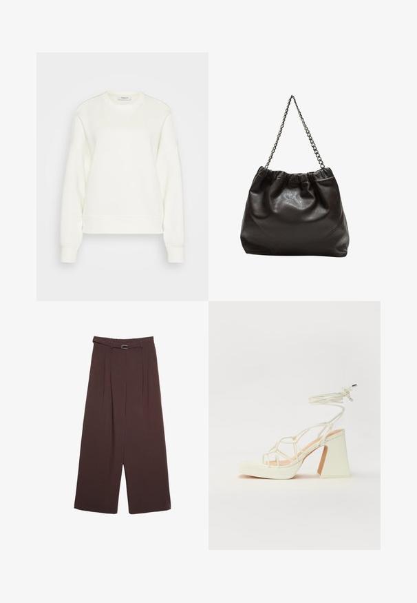 Felpa girocollo color avorio, realizzata in morbido misto cotone. Presenta maniche lunghe, una vestibilità comoda e orlo e polsini a coste.; Stradivarius WIDE-LEG WITH BUCKLE DETAIL - Pantaloni - dark brown; Sandalo bianco con tacco alto, caratterizzato da un design a cinturini e un legaccio alla caviglia. Texture liscia con una piattaforma frontale per un'altezza aggiuntiva.; Borsa in pelle marrone con parte superiore arricciata e tracolla a catena. Texture liscia con finitura lucida e dettagli di cucitura sottili sui lati.
