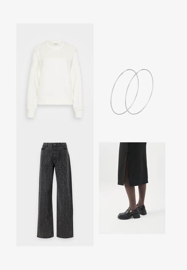 Sudadera de cuello redondo en color blanco roto, hecha de una suave mezcla de algodón. Presenta mangas largas, un ajuste relajado y dobladillos y puños acanalados.; Noisy May NMJANNEL LOOSE - Vaqueros boyfriend - black denim; Zapatos de piel negra con punta redondeada, tacón grueso y bloque, y acentos elásticos en los laterales, combinados con unos pantys oscuros y una falda negra con una abertura.; Pendientes de aro plateados con un diseño minimalista. Forma circular, textura suave y perfil delgado. Livianos con un acabado pulido.