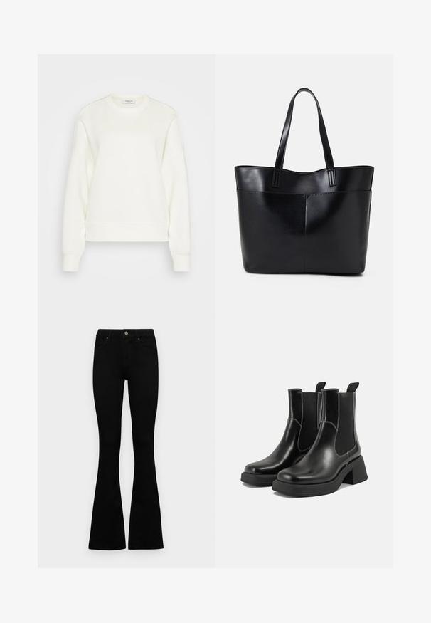 Majica s okruglim izrezom u boji pušista, napravljena od mekog pamučnog materijala. Ima duge rukave, opušteni kroj te rebraste rubove i manžete.; Crne traperice viskog struka s kopčanjem na gumb i rajfeslusu, prednjim džepovima i širom nogavicama položene su ravno na bijeloj pozadini.; Crne kožne Chelsea čizme s debelim potplatom, elastičnim bočnim panelima i kontrastnim bijelim šavovima. Teksturirana površina.; Crna kožna torba s dugim ručkama, glatkom teksturom i strukturiranim oblikom. Ima prednju džep za dodatno pohranu.